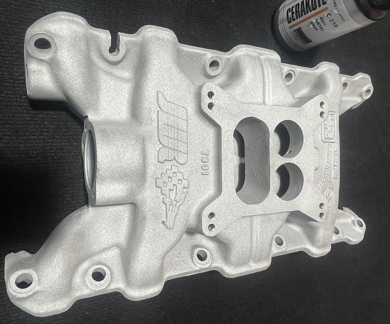 Intake manifold 4 barrel sand blasted and cerakoted in silver